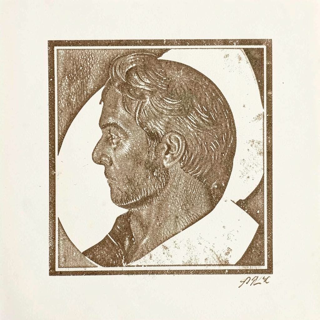 Linogravure d'un contour épuré en brun terreux et charbon sur fond ivoire