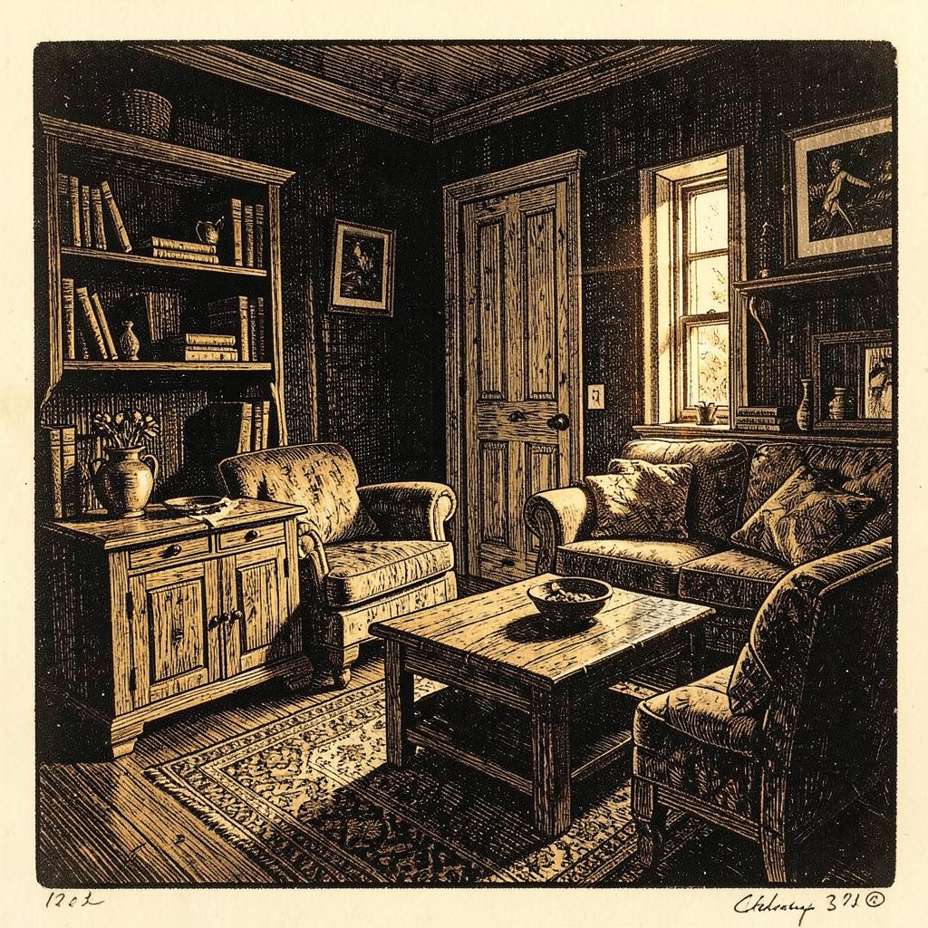 Linogravure d'un intérieur chaleureux aux murs sombres, meubles en bois brut et lumière tamisée dorée, ambiance artisanale et feutrée