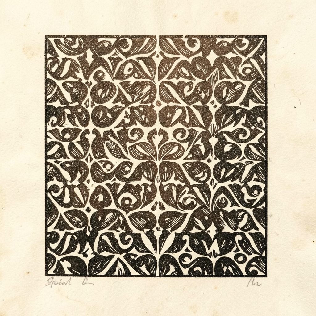 Linogravure d'un motif répétitif en brun fumé et noir sur fond crème texturé
