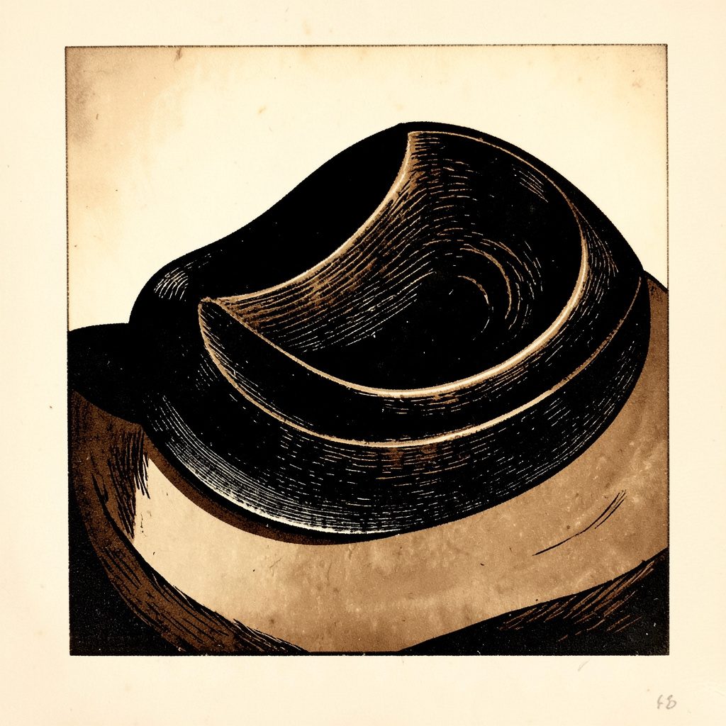 Linogravure d'un objet aux courbes douces en noir profond et brun chaud sur fond crème