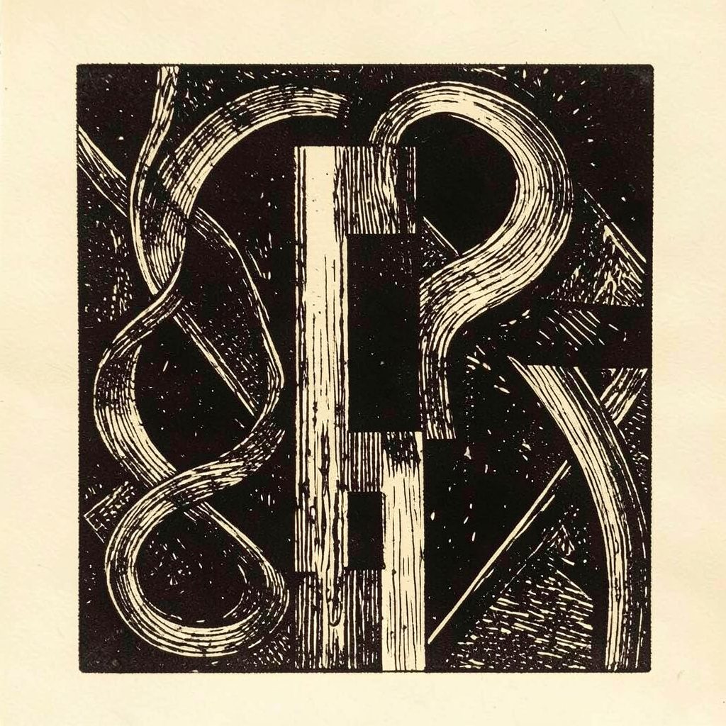 Linogravure d'une composition abstraite en sépia profond et noir sur fond crème