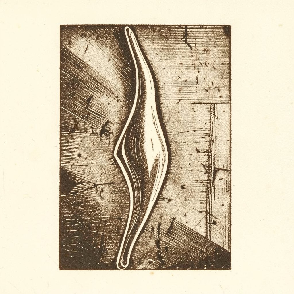 Linogravure d'une forme élancée en tons sépia et charbon sur fond ivoire