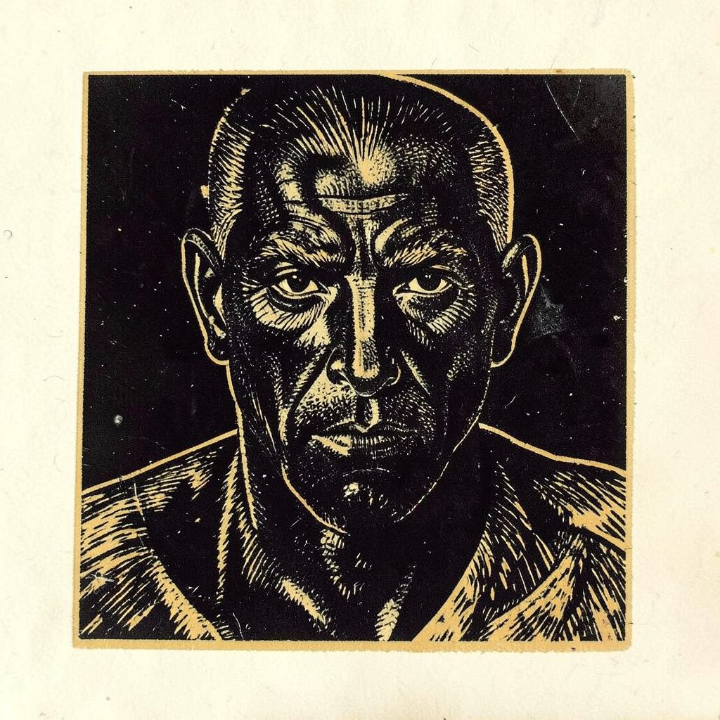 Linogravure d'une forme inédite en noir profond et ambre discret sur fond crème