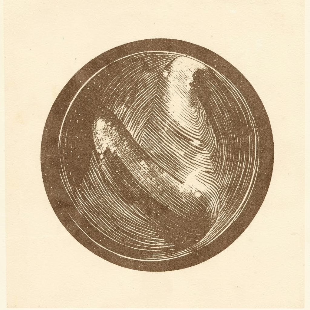 Linogravure d'une forme organique arrondie en brun terreux sur fond crème