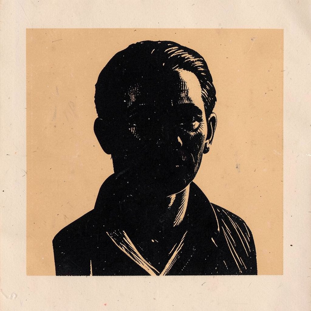 Linogravure d'une silhouette épurée en noir profond sur fond ocre pâle