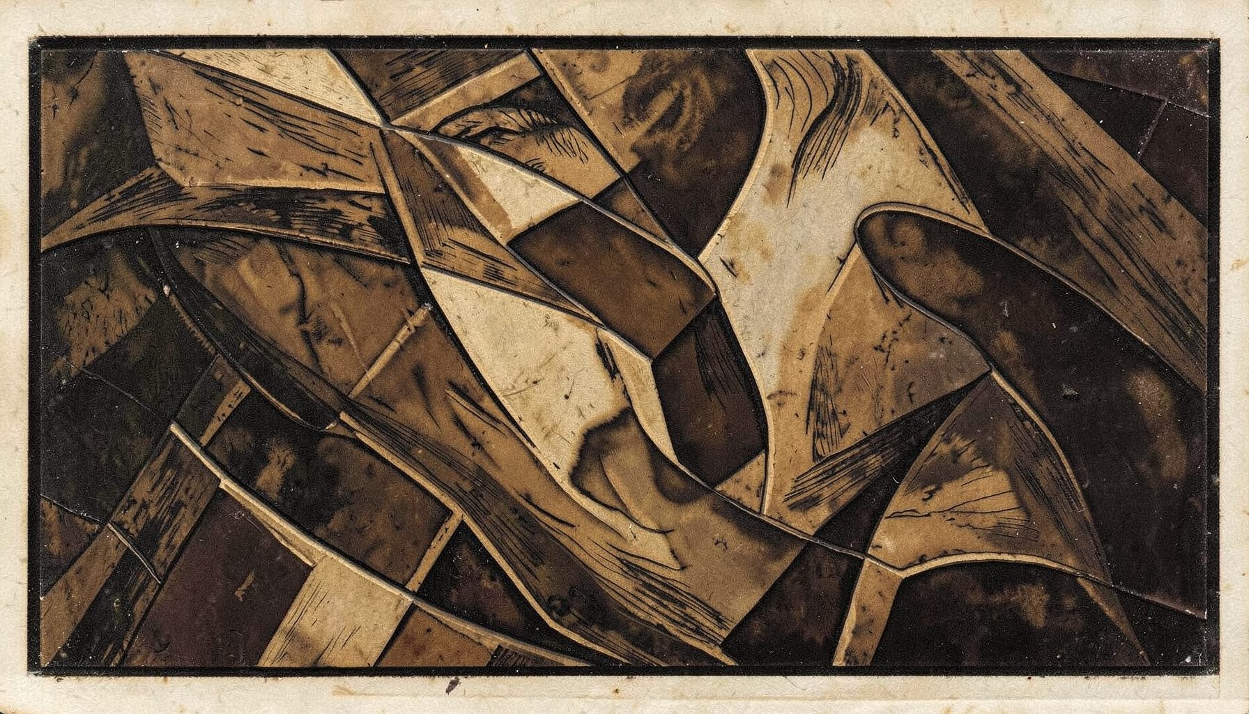 Relief linogravé d'une composition abstraite aux tons terreux profonds — bruns fumés, ocres atténués et noirs veloutés — évoquant une atmosphère artisanale et contemplative